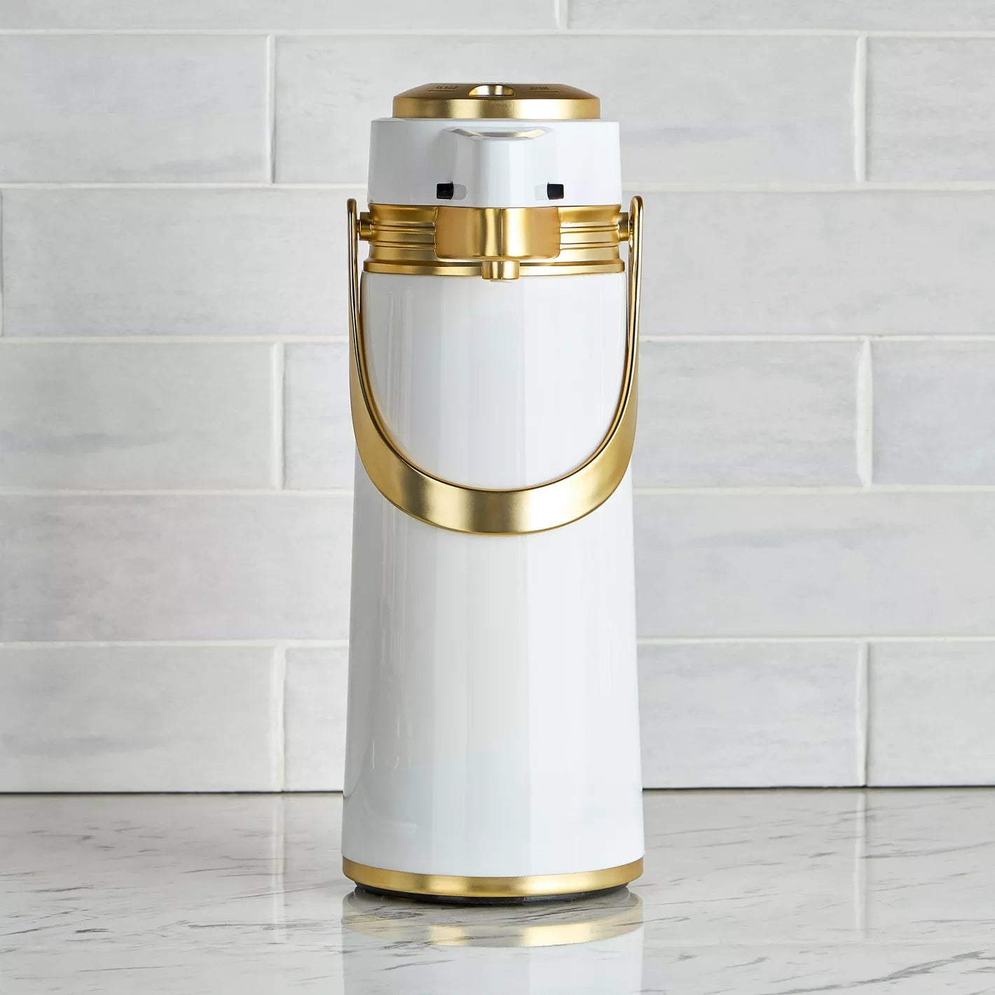 The Pump Vacuum Flask, 1.9L, White & Gold
