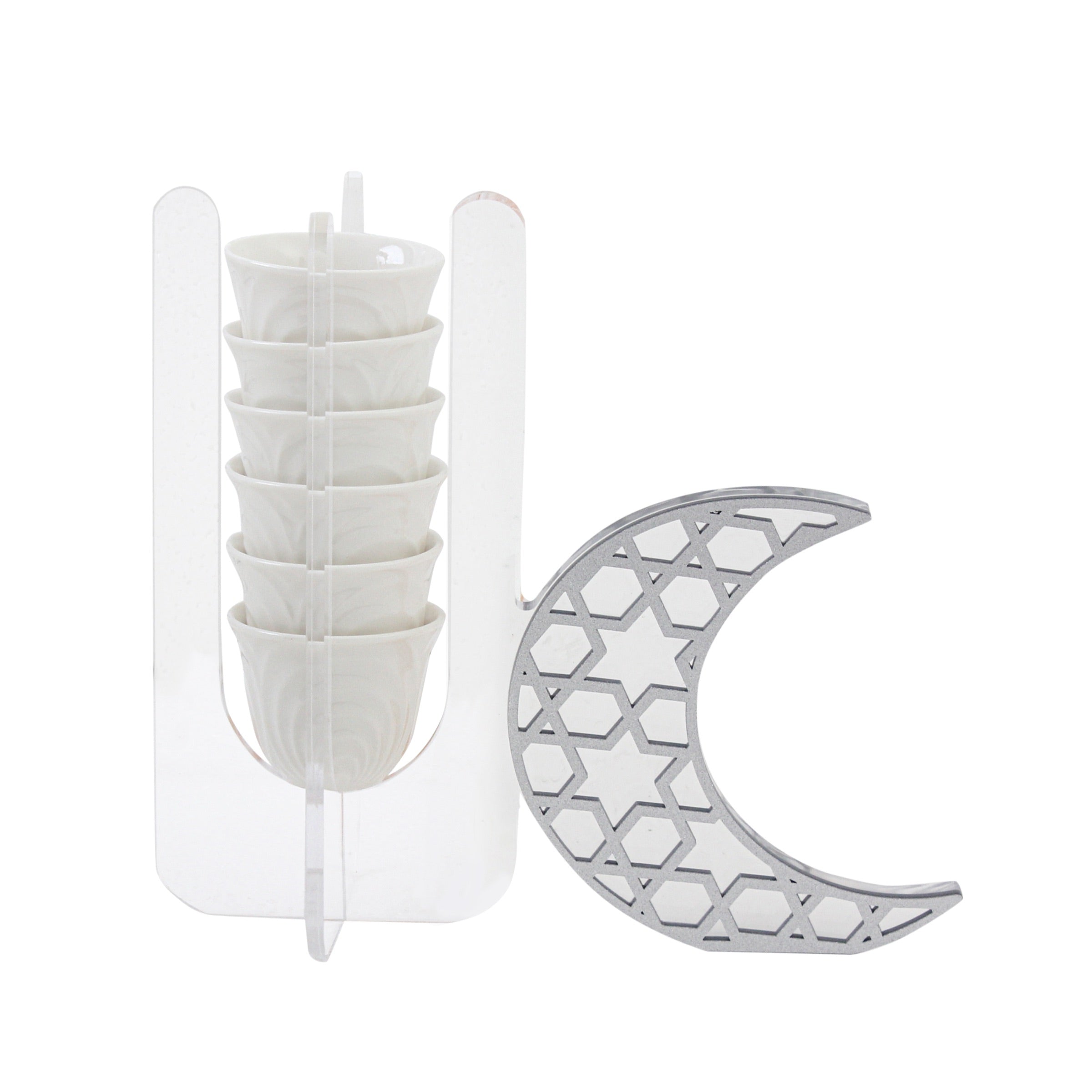 حامل أكواب هلال أكريليك 6 أكواب باللون الشفاف والفضي