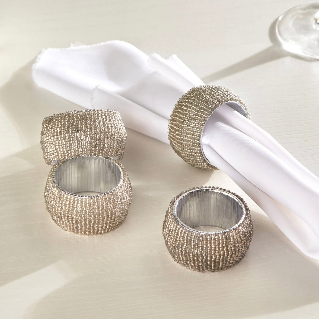 مجموعة من 4 حلقات منديل فضية مرصعة بالخرز