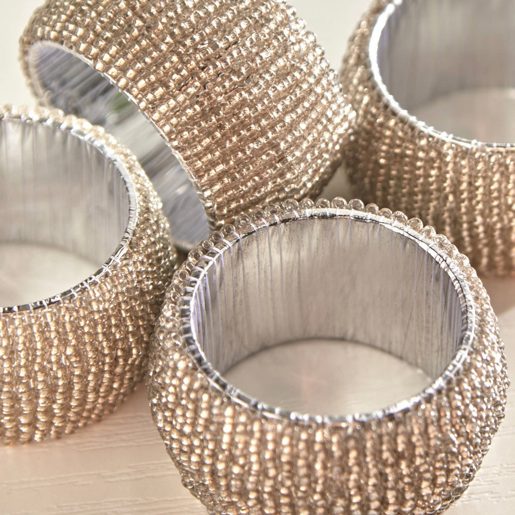مجموعة من 4 حلقات منديل فضية مرصعة بالخرز
