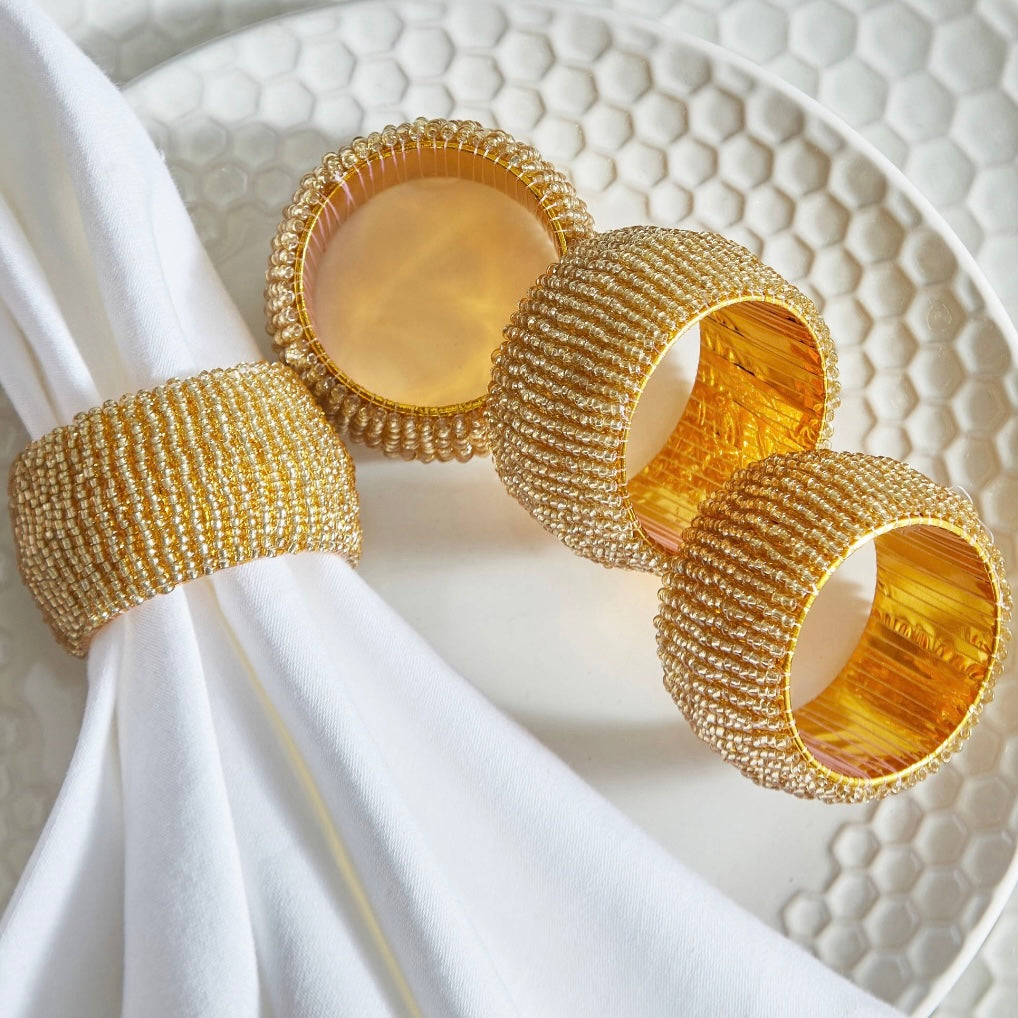 مجموعة من 4 حلقات منديل ذهبية مرصعة بالخرز