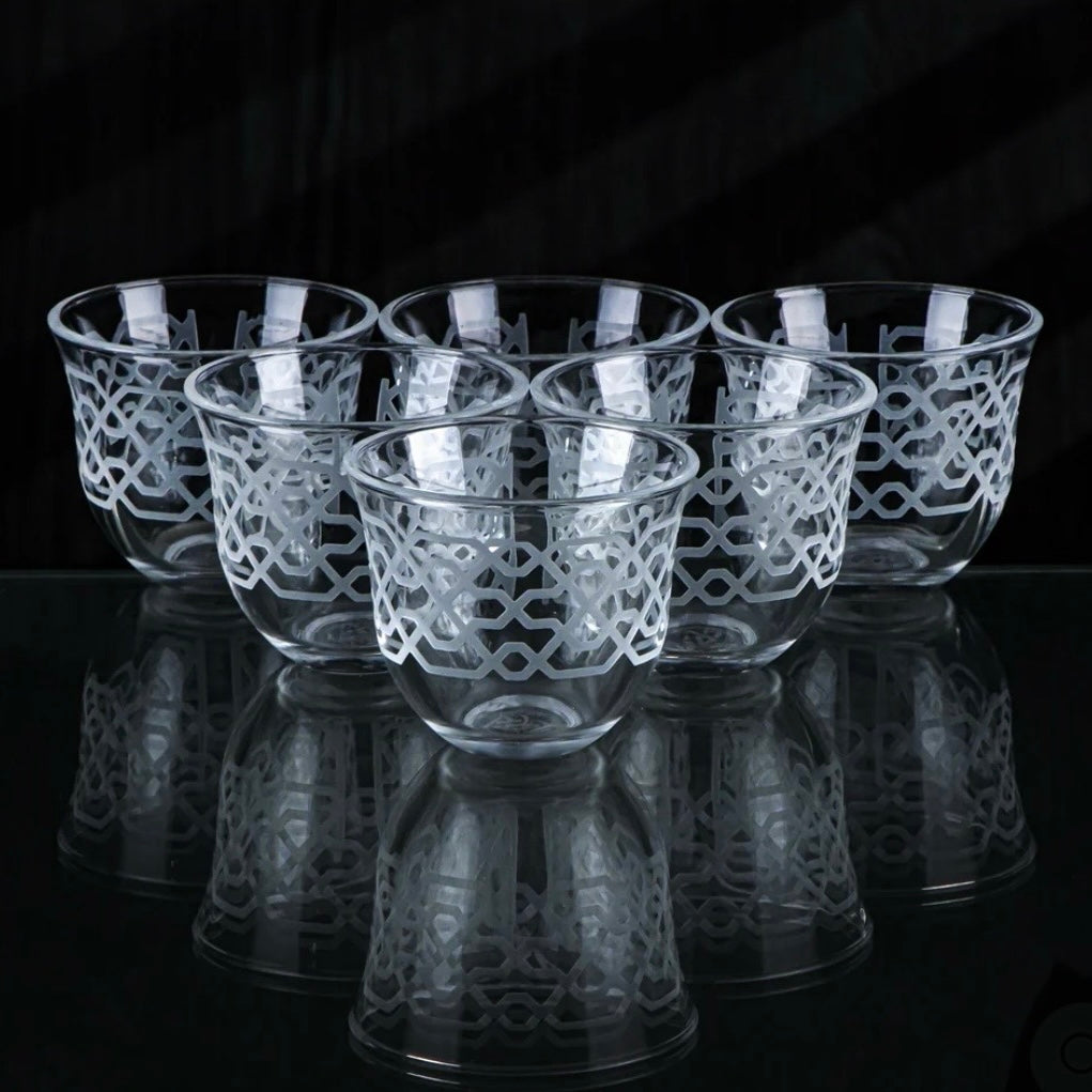 طقم فناجين قهوة عربية زجاجية من أرابيسك، 6 قطع