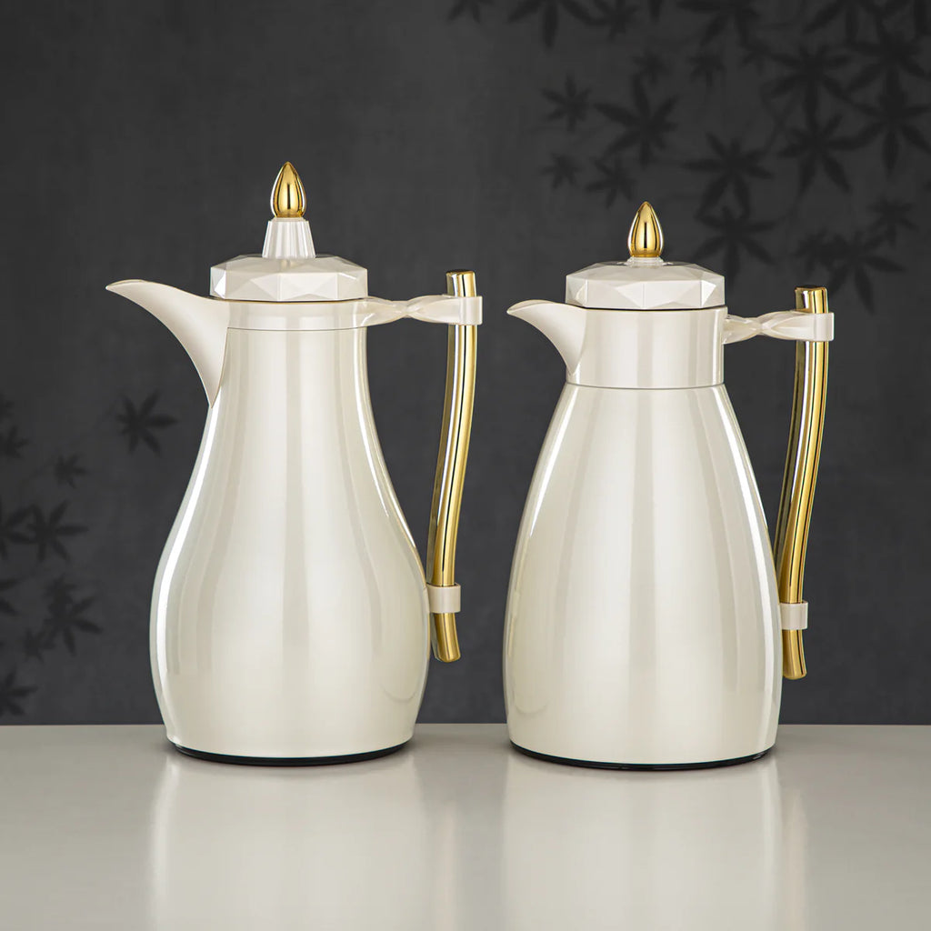 The Pearla Vacuum Arabic Coffee Dallah & Tea Flask Set, 1 L, Stainless and Glass, Ivory & Gold