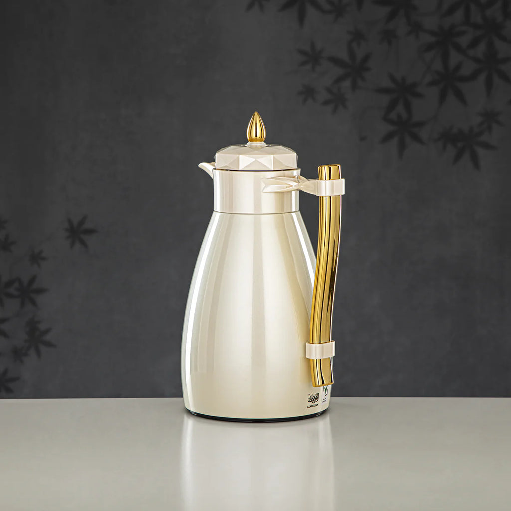 The Pearla Vacuum Arabic Coffee Dallah & Tea Flask Set, 1 L, Stainless and Glass, Ivory & Gold