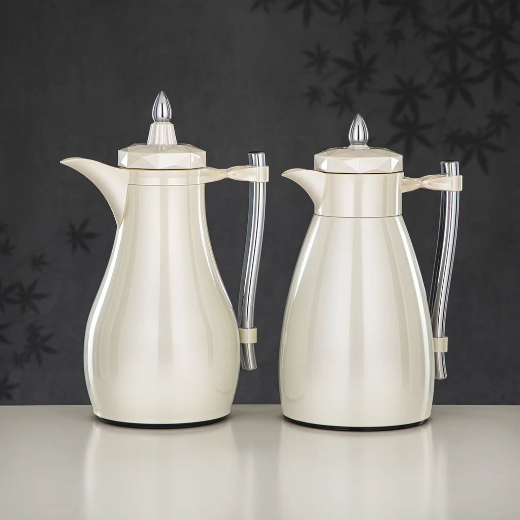 The Pearla Vacuum Arabic Coffee Dallah & Tea Flask Set, 1 L, Stainless and Glass, Ivory & Silver