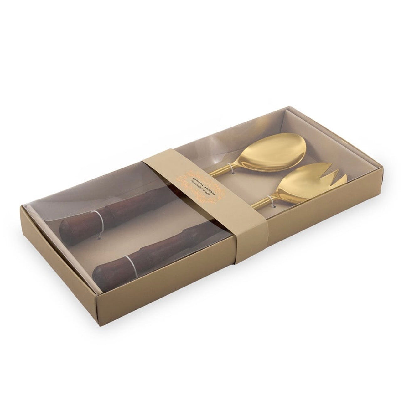 طقم تقديم السلطة الخشبي المصنوع من الذهب