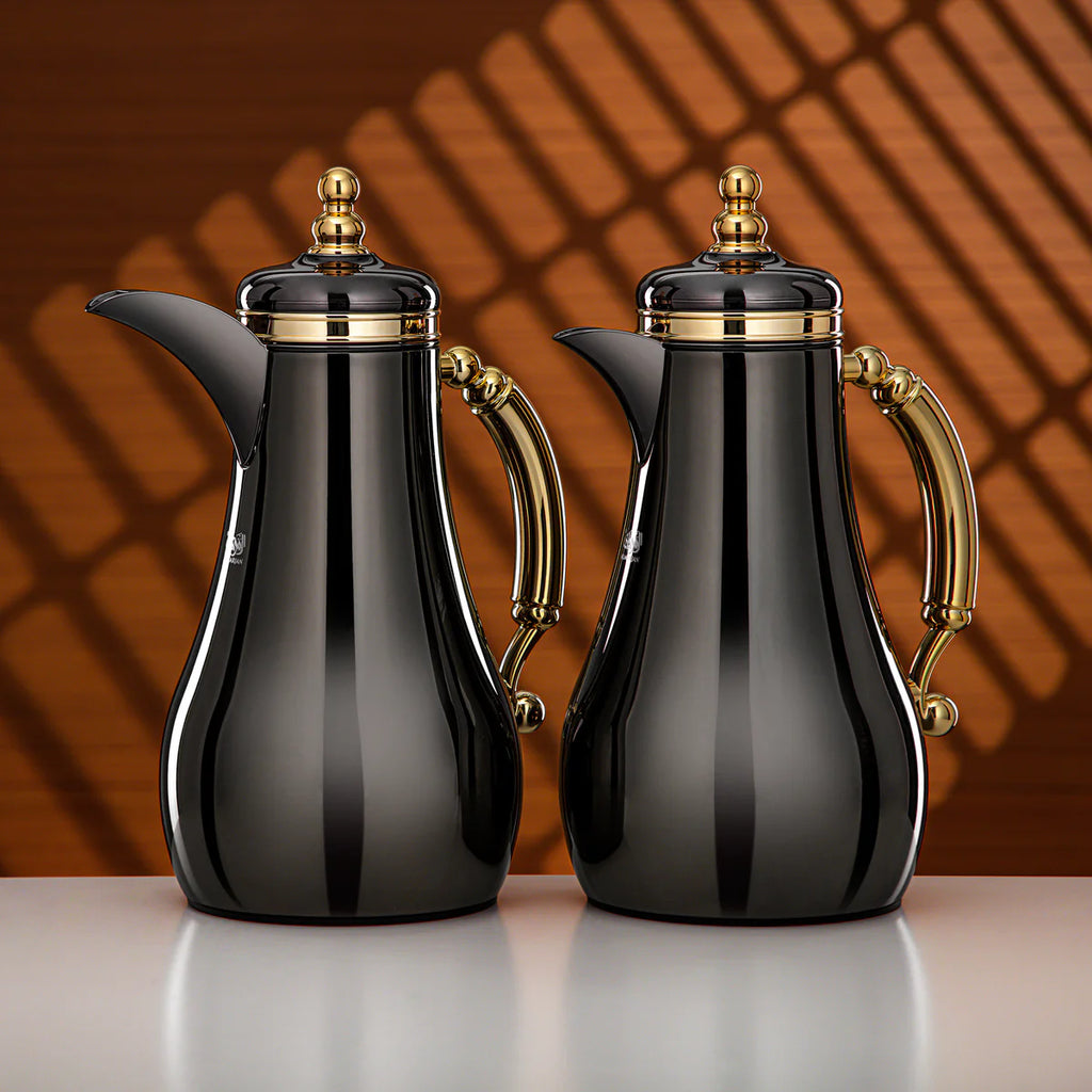 The Baroque Vacuum Arabic Coffee Dallah & Tea Flask Set, 1 L, Stainless and Glass, Gun Black & Gold