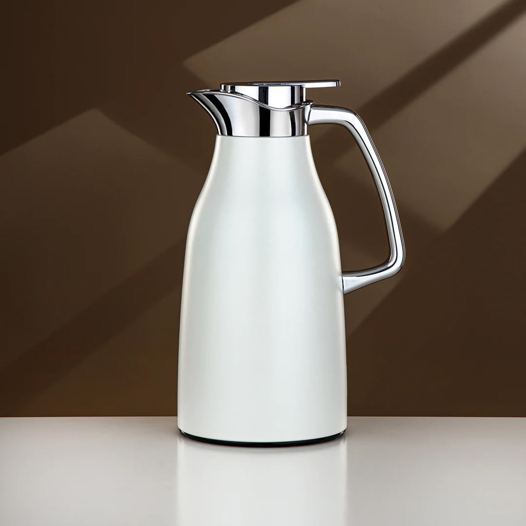 The Satin Vacuum Flask Tea, 1.3 L, Stainless & Glass, White & Silver