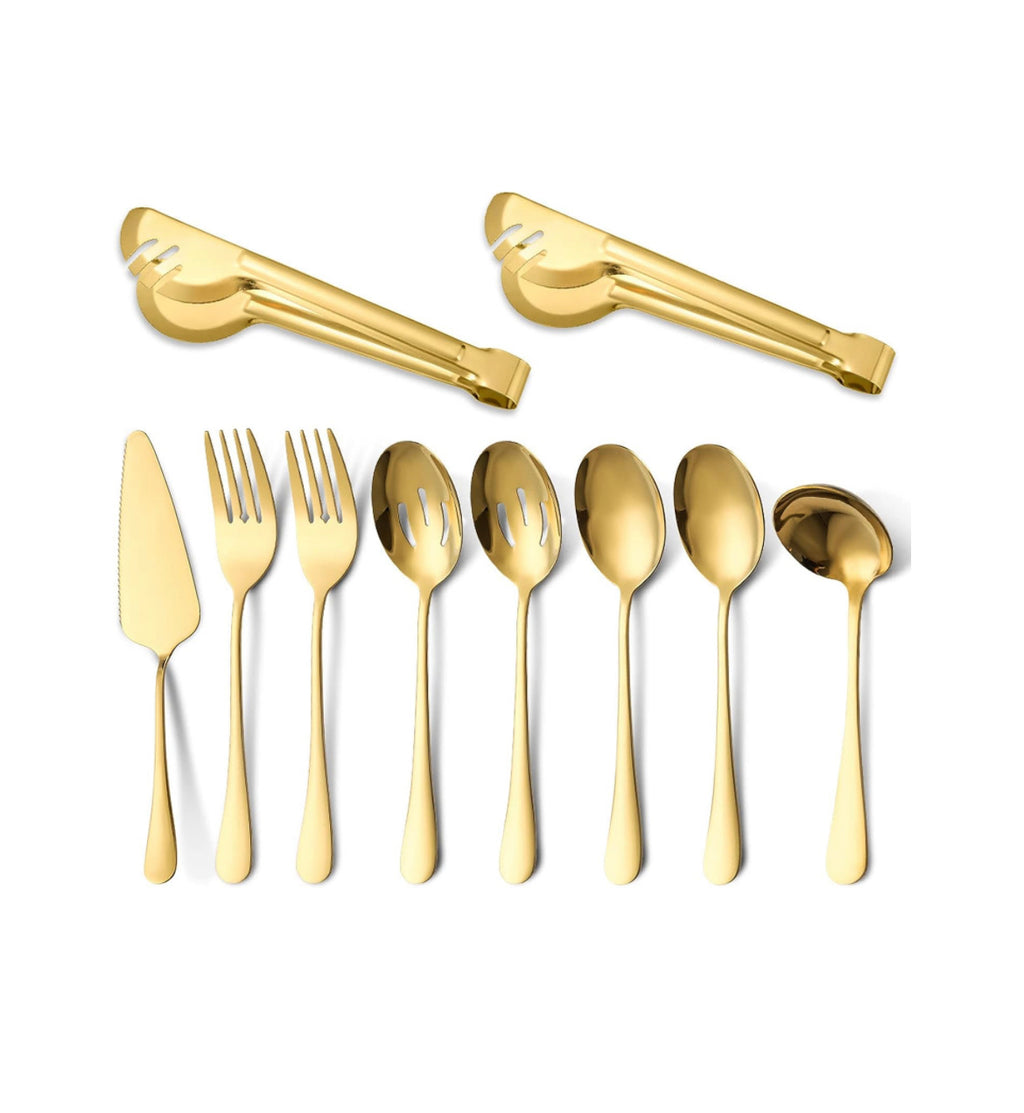 مجموعة أدوات المائدة للتقديم من 10 قطع باللون الذهبي