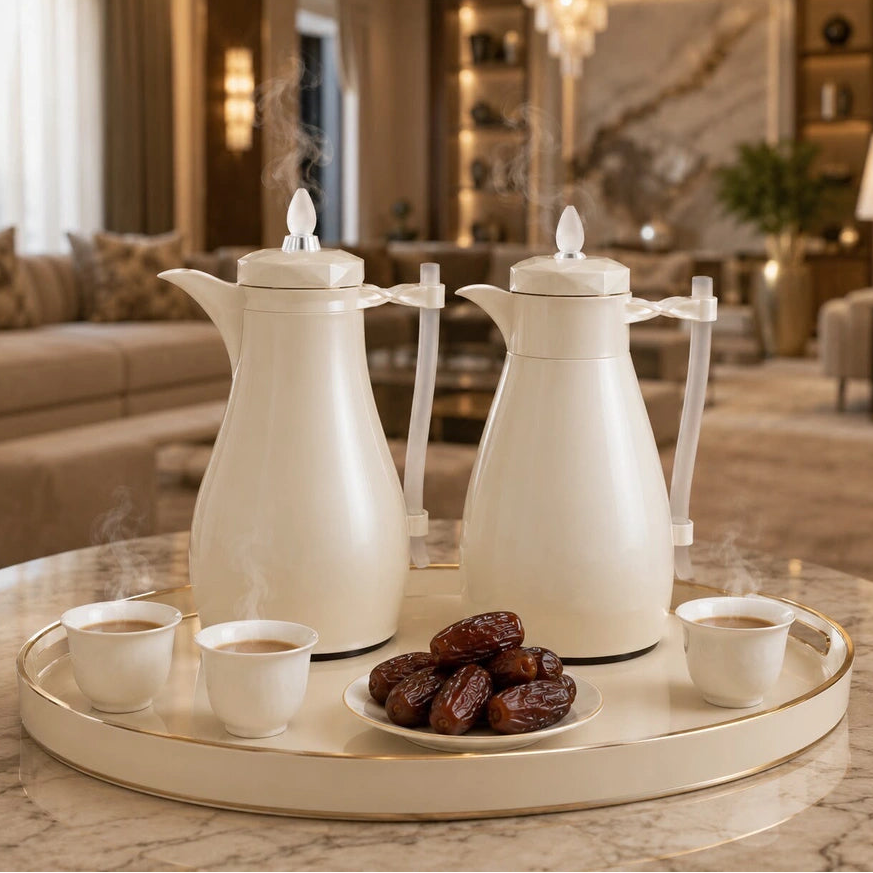 The Pearla Vacuum Arabic Coffee Dallah & Tea Flask Set, 1 L, Stainless and Glass, Ivory