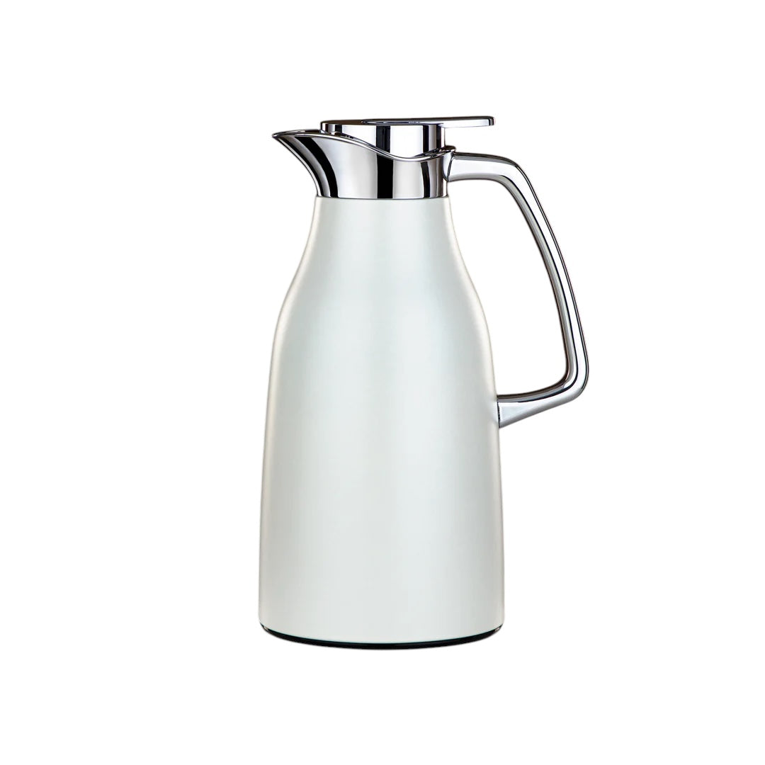 The Satin Vacuum Flask Tea, 1.3 L, Stainless & Glass, White & Silver