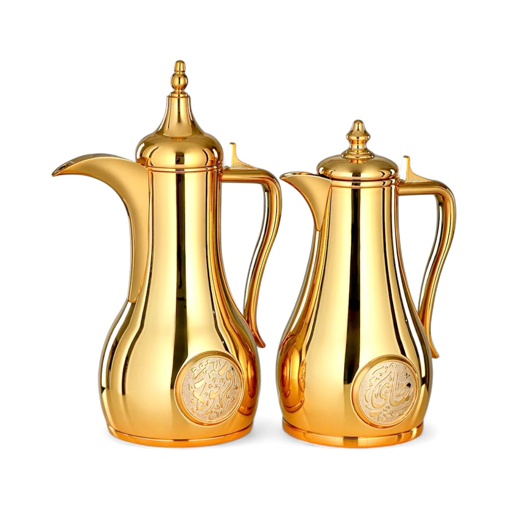 طقم دلة قهوة عربية ديواني مع دلة شاي، 1 لتر، ستانلس ستيل وزجاج، ذهبي