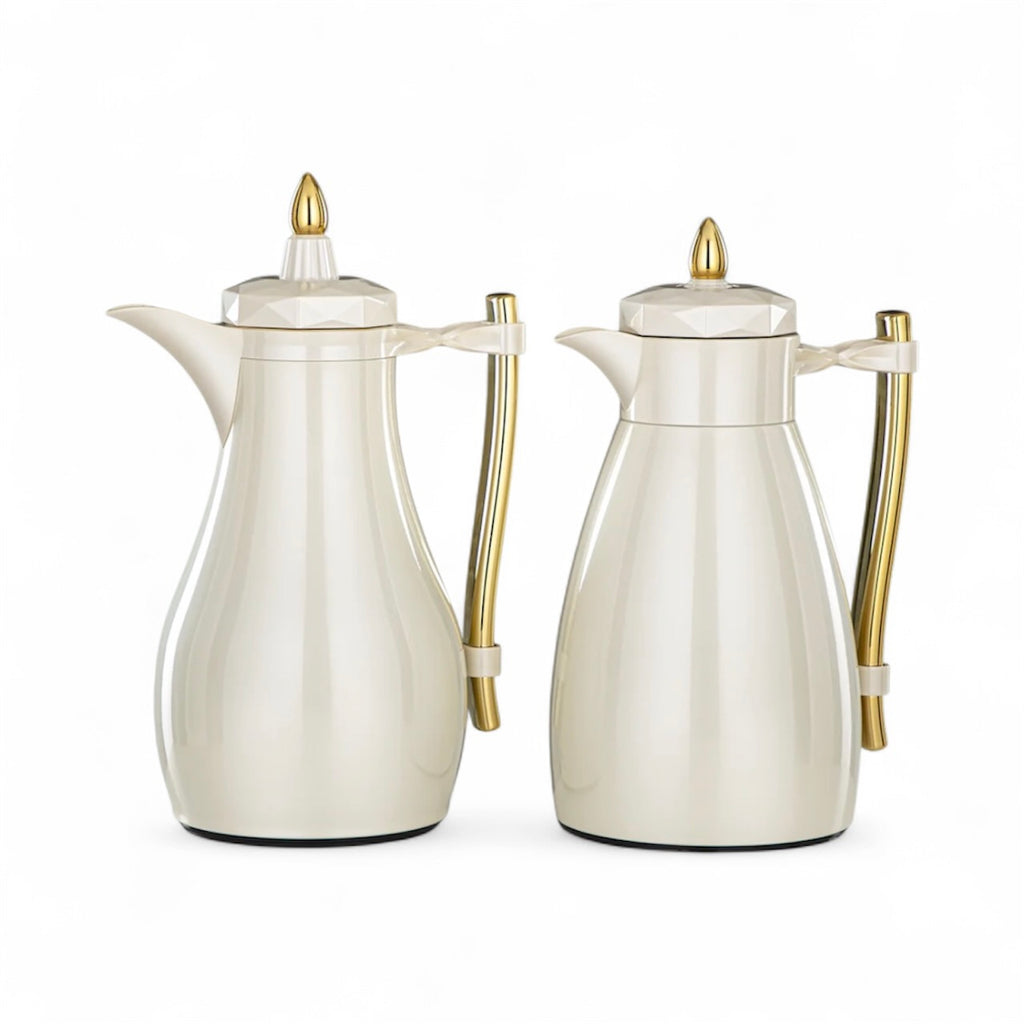 The Pearla Vacuum Arabic Coffee Dallah & Tea Flask Set, 1 L, Stainless and Glass, Ivory & Gold