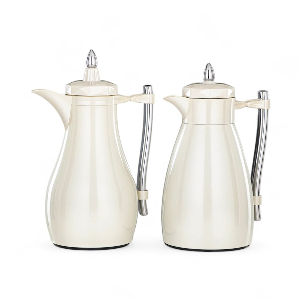 The Pearla Vacuum Arabic Coffee Dallah & Tea Flask Set, 1 L, Stainless and Glass, Ivory & Silver
