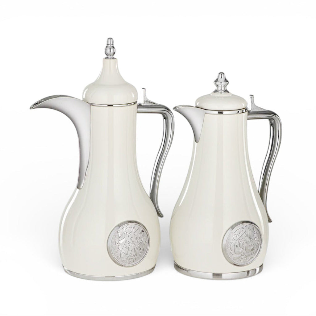 The Diwani Vacuum Arabic Coffee Dallah & Tea Flask Set, 1 L, Stainless and Glass, White & Silver