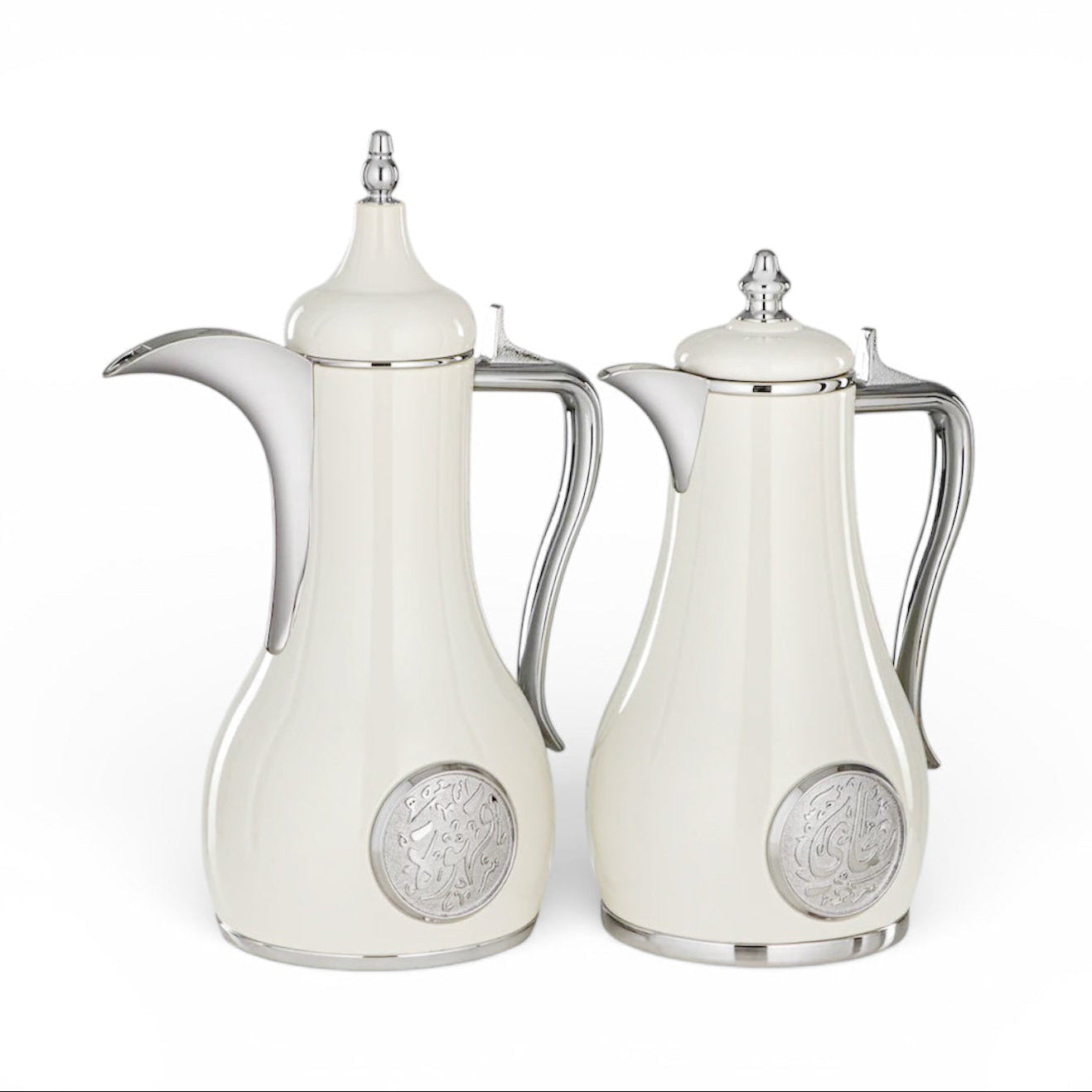 طقم دلة قهوة عربية ديواني مع دلة شاي، 1 لتر، ستانلس ستيل وزجاج، أبيض وفضي