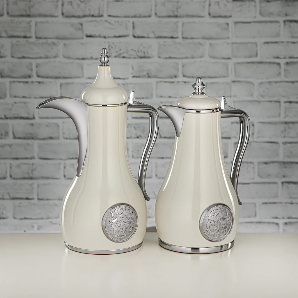 The Diwani Vacuum Arabic Coffee Dallah & Tea Flask Set, 1 L, Stainless and Glass, White & Silver