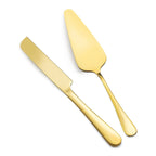 مجموعة تقديم الكيك والسكاكين باللون الذهبي