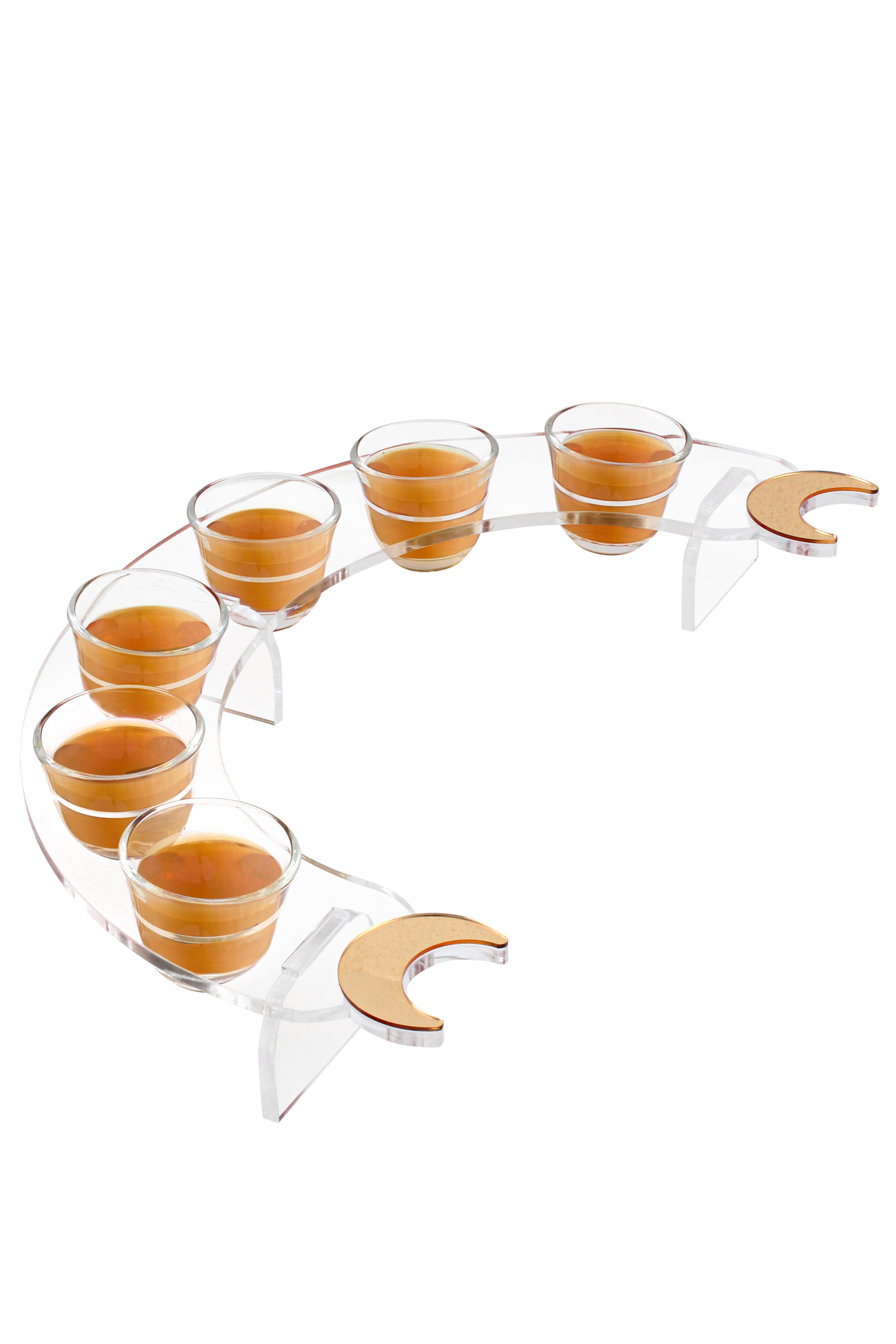 صينية حامل أكواب هلال أكريليك 6 أكواب باللونين الشفاف والذهبي